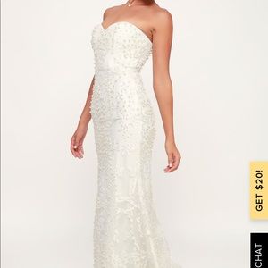 Bariano White Lace and Pearl Strapless Maxi Dress